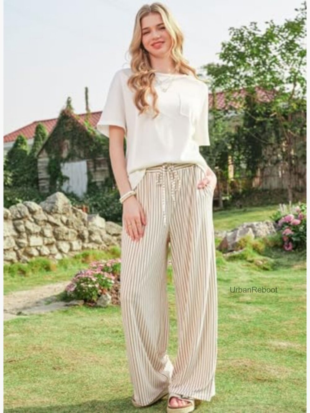 Wide Leg Palazzo Pants with Pockets Drawstring Elastic Waist - Picture 6 of 7